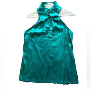 Express - Halter top with raffled neck design - Emerald green silk top- Size XS